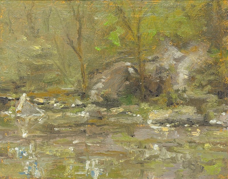Green woods across a stream