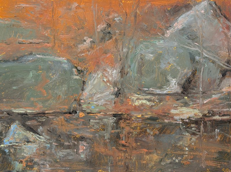 Gray boulders and orange trees reflected in water