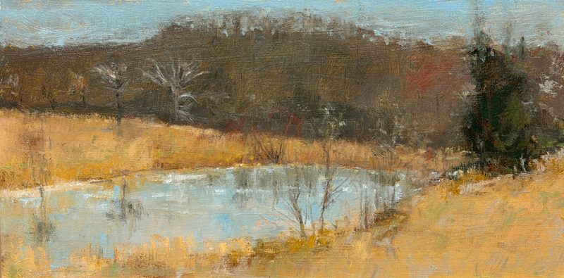 Pond in a golden field below wooded hills